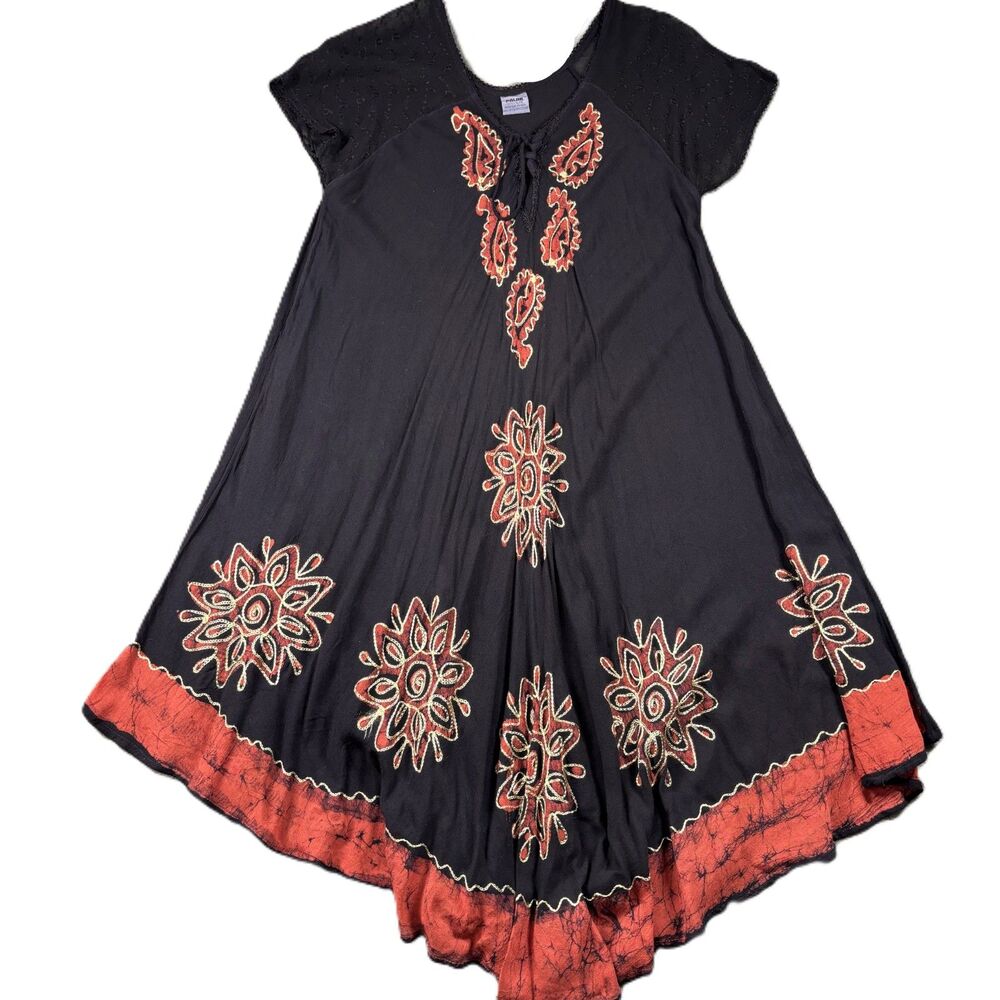 Palak Women Midi Dress Batik Hindi Sheer Cap Sleeve Caftan Embroidered L/XL L112